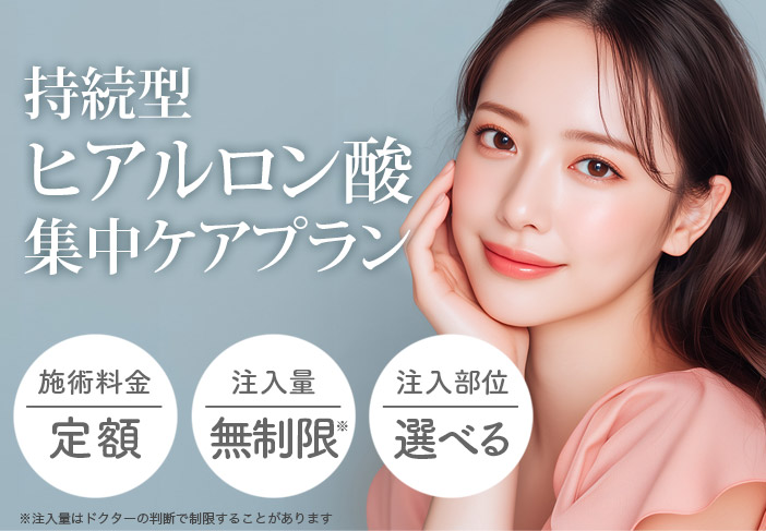 持続型ヒアルロン酸集中ケアプラン。施術料金は定額、注入量無制限、注入部位が選べる。
